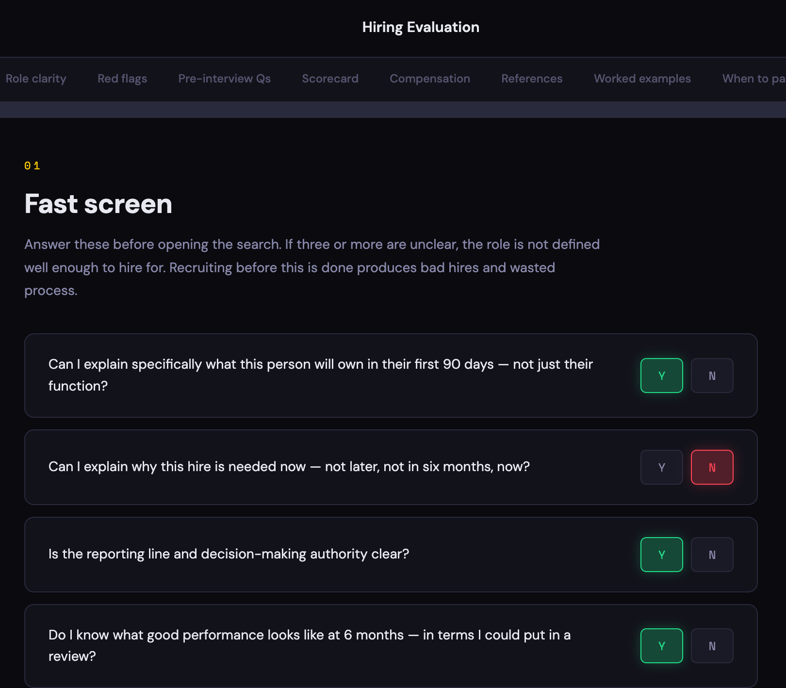 Fast screen section of the Hiring Evaluation tool